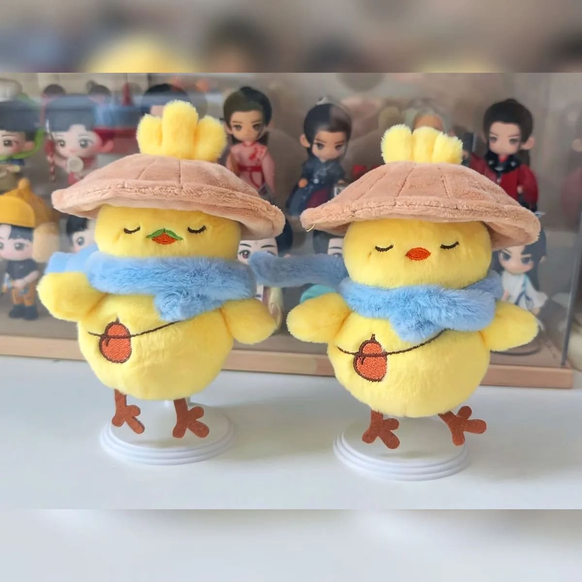 Chick pair with straw hats — custom plush toys manufactured in Shenzhen by Custom Plush Toy Factory